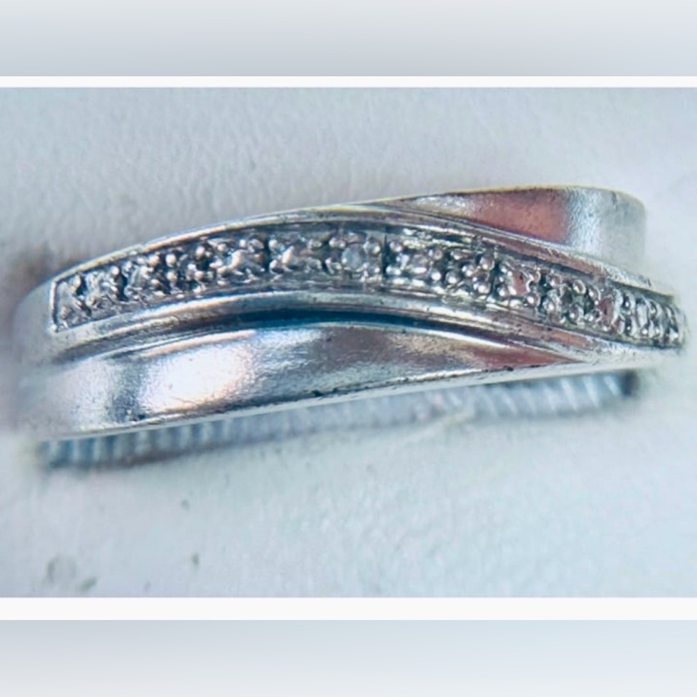 Vintage 925 Sterling Silver Cross-over Ring, Cubic Zircon Accent Unisex Size 10